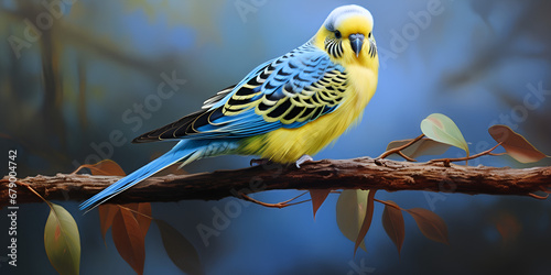 A blue and yellow budgie bird with a yellow and blue feather Captivating Blue and Yellow Budgie