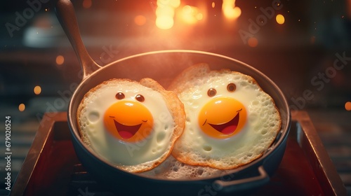 Smiling fried eggs in pan bathed in sunlight filling air with delightful breakfast aroma, yummy smiling eggs creating cozy and homely ambiance, perfect breakfast with warm and cheerful ambiance
