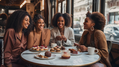A joyful group of stylishly dressed black women black women smiling and enjoying coffee and desserts around a table at a high end French patisserie in New York