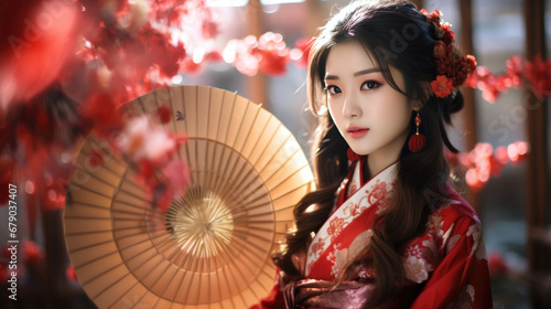 Chinese girl with red Chinese new year traditional clothing and umbrella, lunar spring festival
