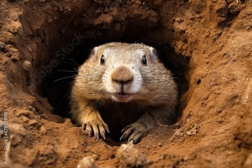Portrait of a marmot. The rodent climbs out of the hole. Up close Groundhog Day.