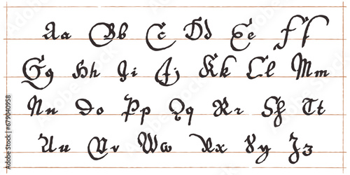 Medieval script alphabet. Original style calligraphy. Middle Ages Gothic set. Vintage blackletter Germanic font for fairytale, Fraktur headline, oldschool header, heraldry manuscript.