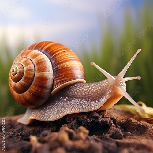 Stunning drawing of realistic snail front, animal planet, full-length snail. Unusual background.