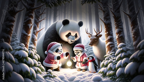 A group of cute friends gathered around a magically glowing Christmas ball with awe, in dark snowy forest, illustration created using Ai generative tools.