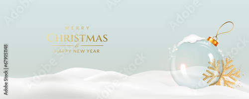 Christmas and New Year greeting card with transparent ball, snowflake and confetti.