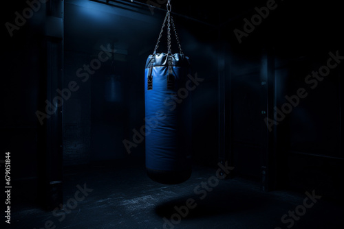 illustration of a blue boxing bag in dark room. Created with Generative AI
