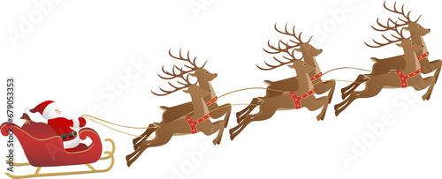 Flying reindeer Santa Claus sleigh 3d effect. Transparent background illustration.