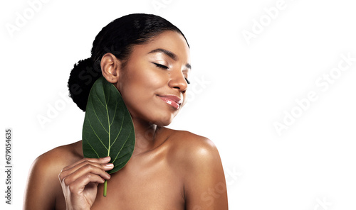 Woman, leaf and relax for natural beauty, cosmetics or makeup isolated on a transparent PNG background. Face of calm female person or model in satisfaction for skincare plants, leaves or dermatology