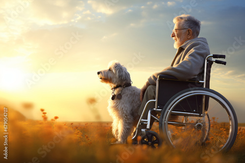 senior old man in wheelchair in bright light overlooking the window with dog