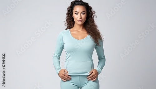 Retrato de una mujer joven y atractiva con ropa deportiva sobre fondo de color solido, banner deportivo