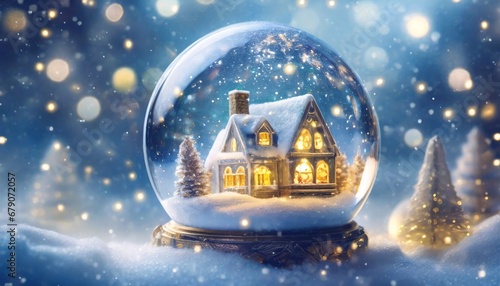 Szklana kula z domkiem w środku. prószący śnieg, światełka i dekoracje świąteczne. Świąteczny zimowy nastrój pełen ciepła światła, śniegu. Choinki pokryte śniegiem. Niebieskie tło, miejsce na tekst.