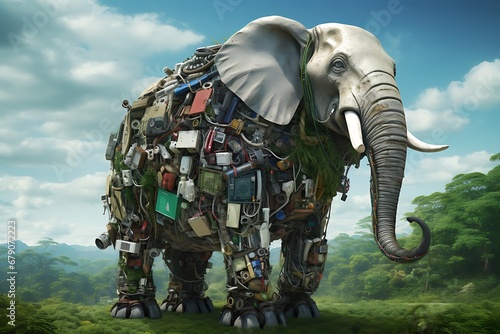 elephant in the zoo,elephant statue in the park .Elephant made with recycled items