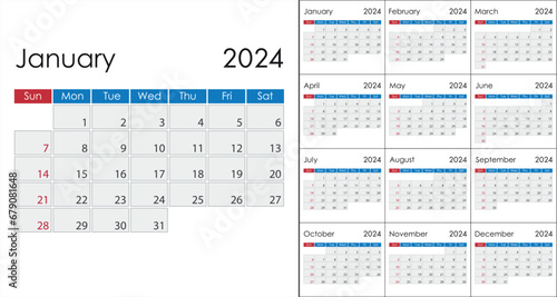 Calendar 2024 on English language, week start on Sunday