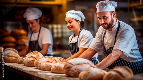 Bakery team arranging fresh bread loaves on display. 