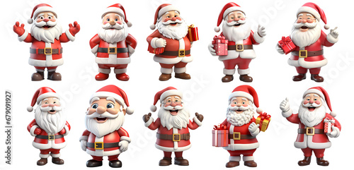 Set of cute Santa Clauses 3d on isolated, transparent Background, PNG, generated au
