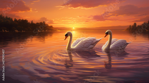 A pair of graceful swans gliding across.