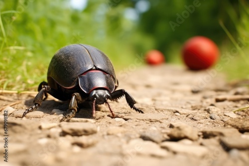 dung beetle rolling a ball across a path