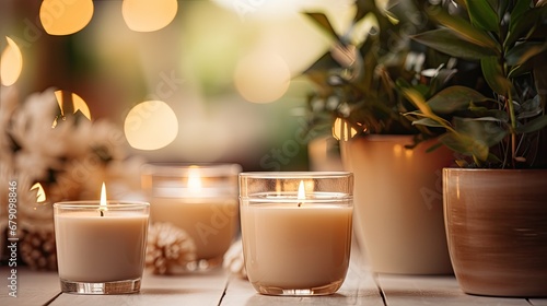 INTERIOR Candles in a glass candle holder.Lighted candles on the table, decor, aroma candles.Lights on bokeh background.