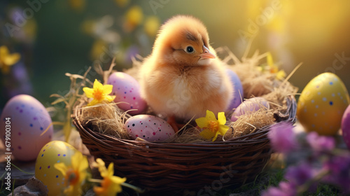 Cute little and cute yellow chickens with Easter eggs