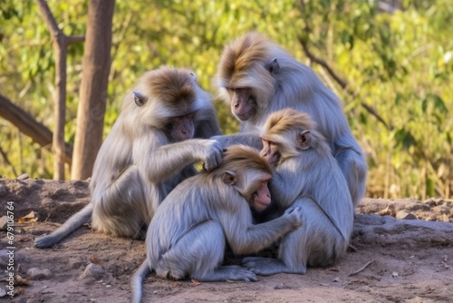 a group of macaques grooming each other