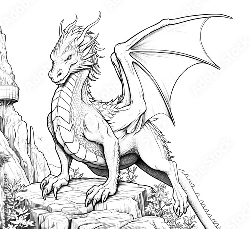 Adult coloring book page with beautiful dragon on white background