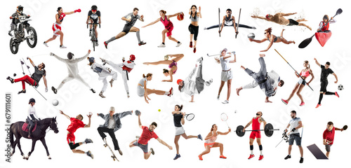 Collage made of different people, men and women, professional athletes in divers kind of sports isolated over white background. Concept of sport, competition, achievements, event, game