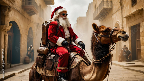 Israel. Santa Claus rides a camel in Jerusalem. Christmas. 