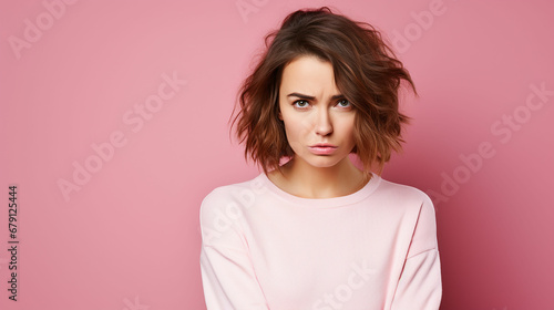 Photo of unhappy young woman bad mood irritated problem raise eyebrow isolated on pink color background. Made with generative ai