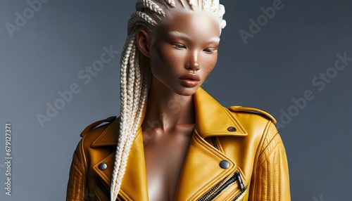 An elegant albino woman wearing a leather jacket and her hair styled in braids