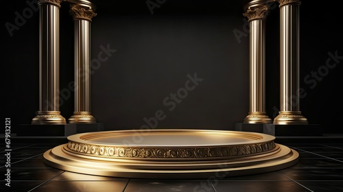 3d rendering gold Luxury Podium roman style on black