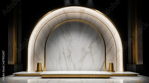 A white podium with thin gold cable arches