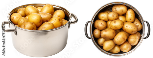Cooking pot filled with potatoes isolated on white background, vegetable collection