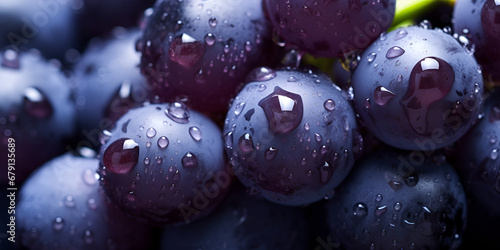 Top down view of red grapes with drops of water, Bunch of Pinot Noir grapes with drops of water on a dark background Generative AI
