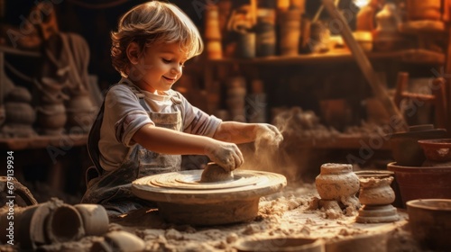 A creative blond child with hands covered with clay sculpts a cup from clay in an old workshop against the background of shelves with ceramics.