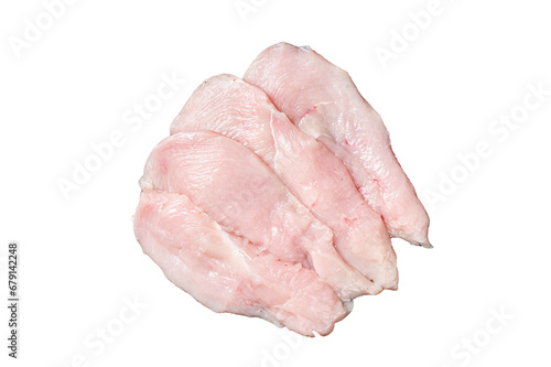 Raw sliced chicken breast fillet steaks in a steel tray, fowl meat. Transparent background. Isolated.