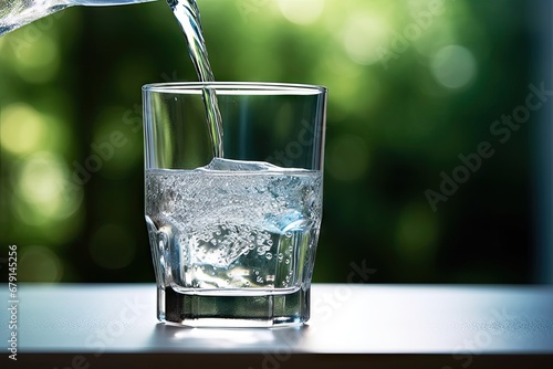Quenching thirst. Crystal clear drinking water in nature embrace. Refreshing moments. Cool and clean cascading into glass. Pure joy of transparent liquid refreshment