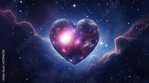 Galaxy cosmic heart background. Bright stars night sky, romantic magic night, love and Valentine’s day card. Abstract Milky Way colorful cosmos illustration with glowing hearts. .