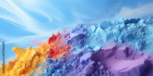 A blue backdrop has strewn colorful powder for shadows. Generative Ai.
