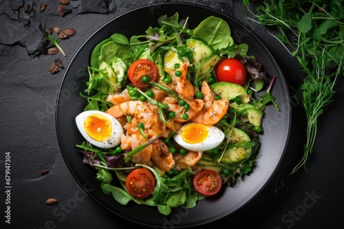 Green leafy salad with avocado, egg and shrimp on plate