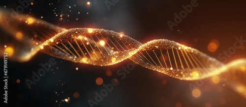 Golden concept 3D render of airborne particles forming DNA model Copy space image Place for adding text or design