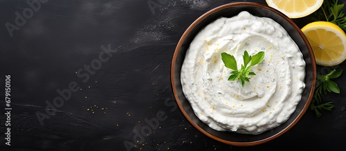 Greek style feta dip with garlic and lemon in a gray bowl top view Copy space image Place for adding text or design