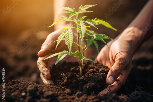 man hand hold in palm cannabis seed in soil