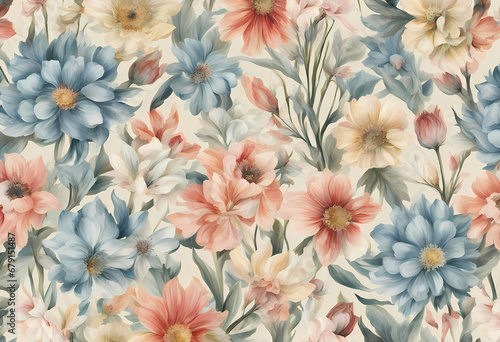 pattern with many abstract spring flowers. For wallpaper or fabric decoration in vintage style. Painting flowers for summer. Botanical background.