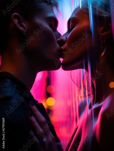 Side view of young man and woman kissing each other with closed eyes while standing in dark room with neon illumination