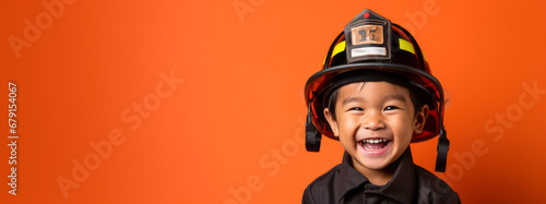 Asian boy imagines to be a firefighter wears an firefighter suit. Orange background copy space. Ai generative