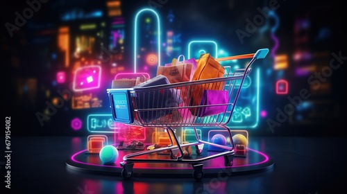 Digital shopping delight. Neon lit online store. E commerce revolution. Brighten cart with light. Tech savvy. Storefront experience