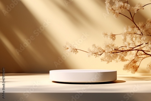 Abstract minimal nature scene, empty stage and white circle podium on beige background and soft shadows of tree leaves. Pedestal for cosmetic product and packaging mockups. generative ai.