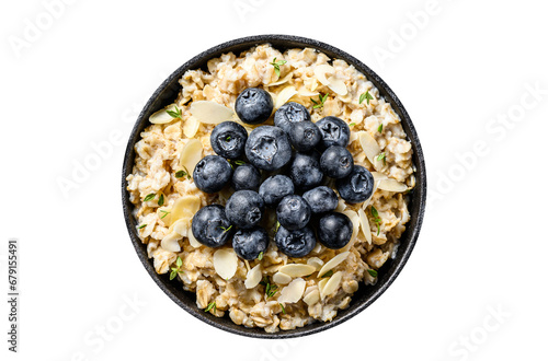 Breakfast oatmeal with blueberries and almonds. Transparent background. Isolated.