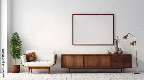 Retro, wooden cabinet and a painting in an empty living room interior with white walls generative ai