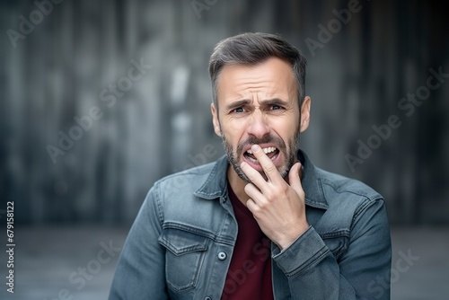 man with a pained expression puts his hand to his mouth